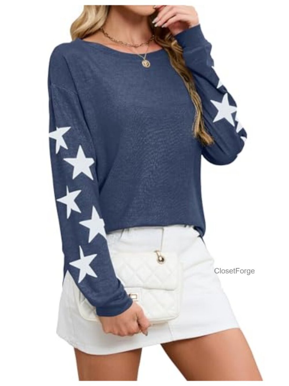 Off Shoulder Knit Pullover Sweater Long Sleeve Star Print Lightweight Cute Fall